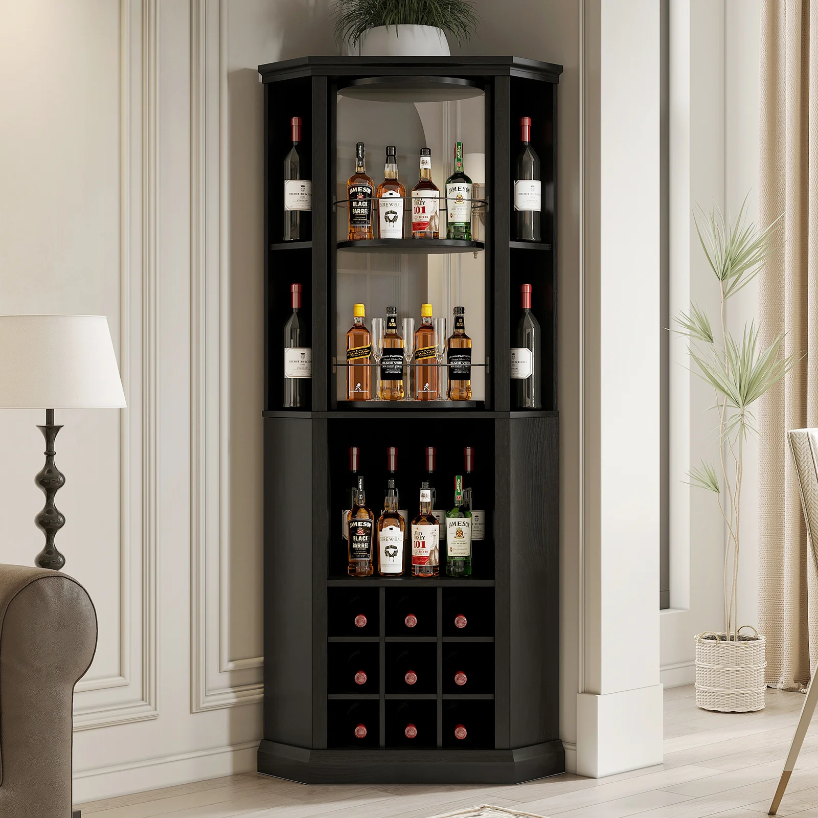 Corner Wine Cabinet with Rotating Glass Wine Rack, Farmhouse Bar Storage Cabinet with Cup Holders, Bar Cabinet for Dining Room