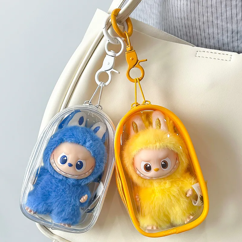 ل Labubu V4 حافظة حماية ملونة شفافة إكسسوارات دمي صندوق منظم حقيبة عرض دمية قطيفة في الهواء الطلق مع سلسلة مفاتيح