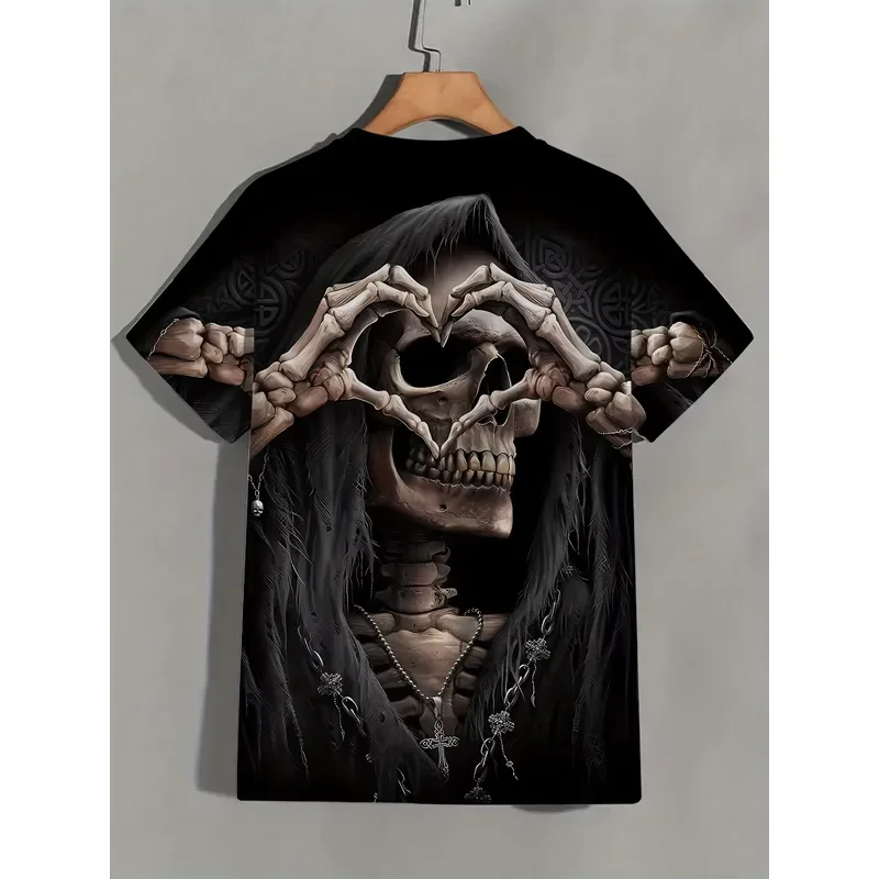 Men's Grim Reaper Skeleton Heart Hands Print T-Shirt Gothic Dark Skull Cross Chain Streetwear Tee 2026