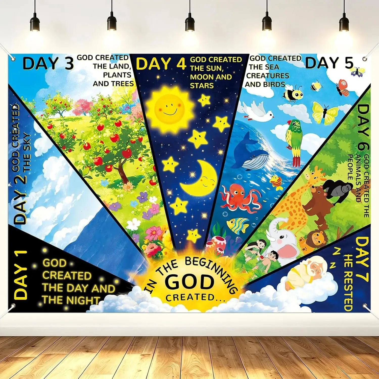 Bannière murale décorative pour la classe chrétienne des enfants de l'école du dimanche : 7 Jours de Création, toile de fond biblique, impression de dessin animé sur le thème de la création du monde