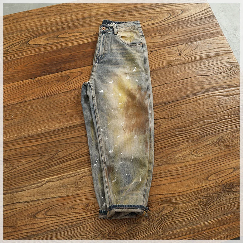 

Autumn and winter heavyweight loose straight leg jeans for men, personalized splashed ink vintage denim pants