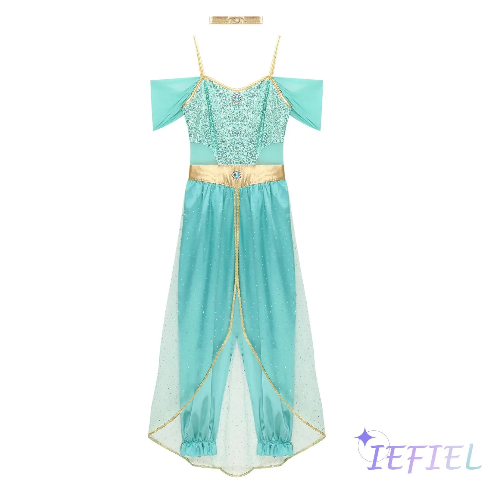 

Women Belly Dance Performance Arabian Historical Role Play Adorned Sequin Romper Metallic Shiny Choker Halloween Costume