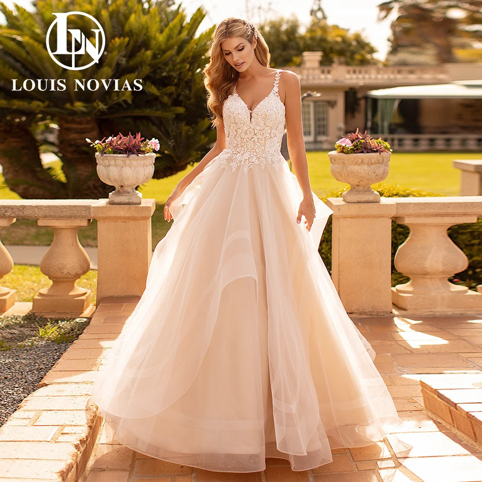 

LOUIS NOVIAS Свадебное платье трапециевидной формы без рукавов на тонких бретельках с аппликациями и вырезами, свадебное платье с рюшами, фея Vestidos De Novia