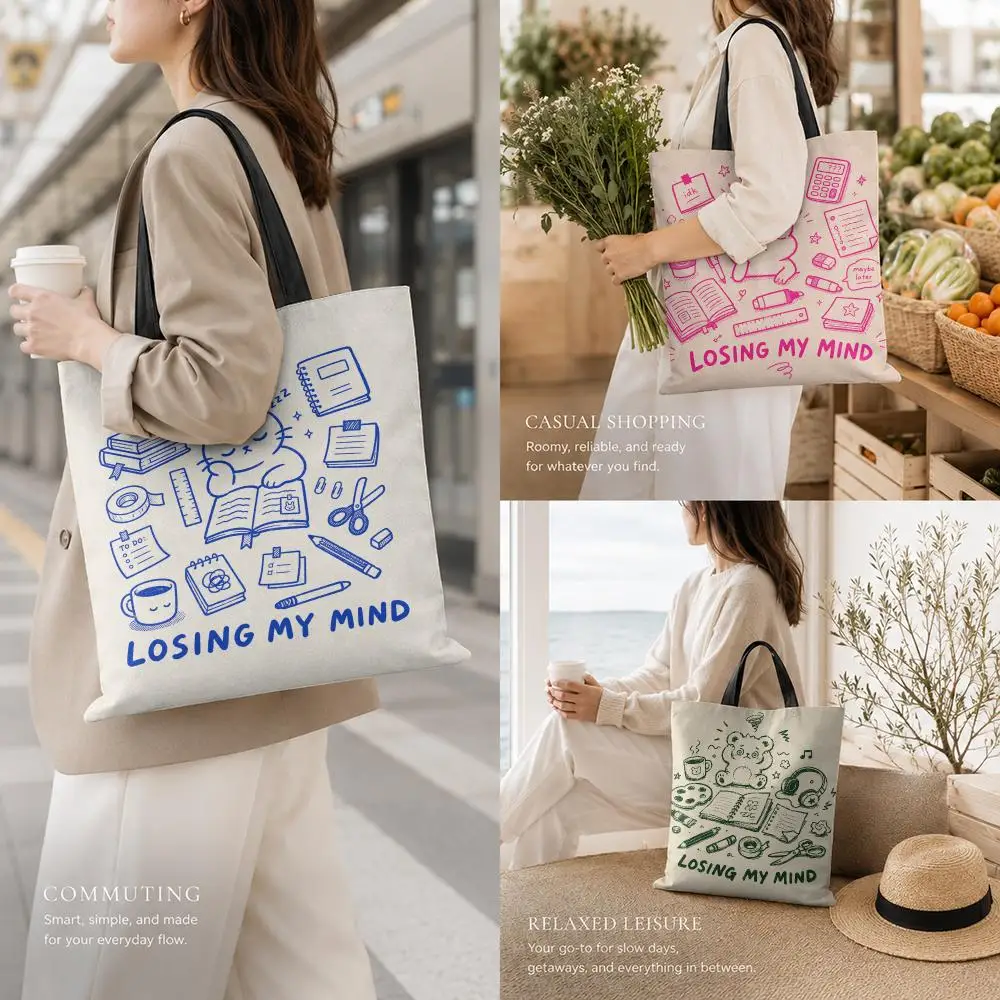 Losing My Mind Character Storage Bags Canvas Tote Bag Large Capacity Reusable For Shopping Commute Grocery Shoulder Bag Gift
