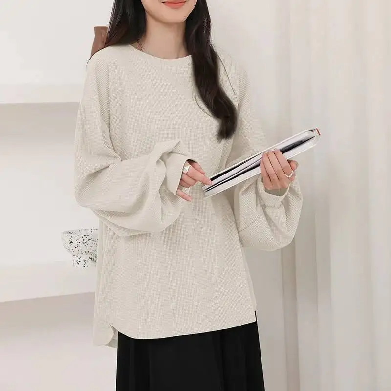 Lotte Japan and Korea Autumn 7 Colors Waffle Women's T-shirt Round Neck Solid Color Versatile Loose Fit Long Sleeve