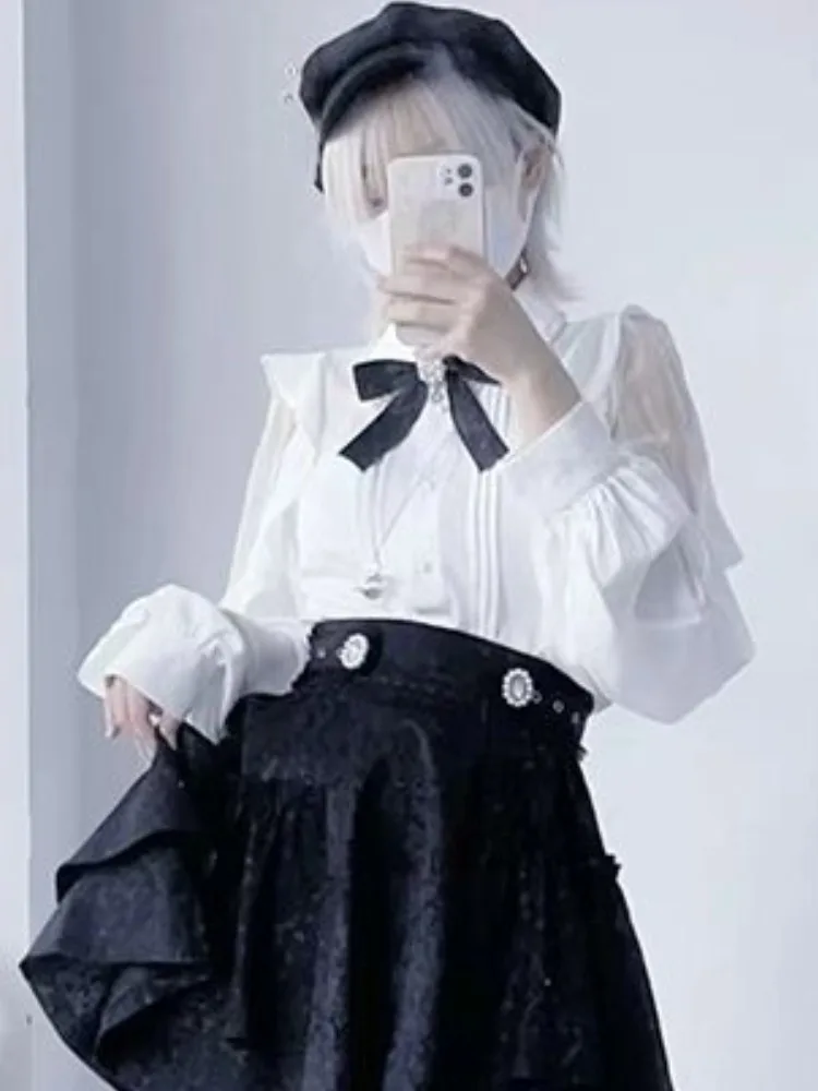 Y2k Aesthetics Ruffle Shirt 2024 Japanese Kawaii Tops Blouses Fairy Harajuku Pleated Blusas Vintage Lolita Clothes Mall Goth