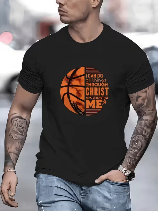 Men's Urban Style Faith Basketball Graphic T-Shirt Casual Short Sleeve Religious Christian Quote Apparel Comfortable Cotton Tee