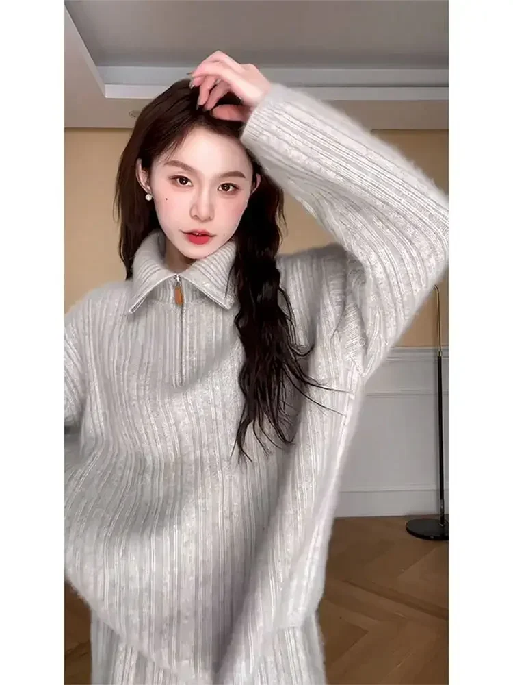 

Korean Fashion Autumn New Women Two Piece Sets Simple Casual Stand Collar Knitted Sweater + High Waist Wide Leg Pants Sets