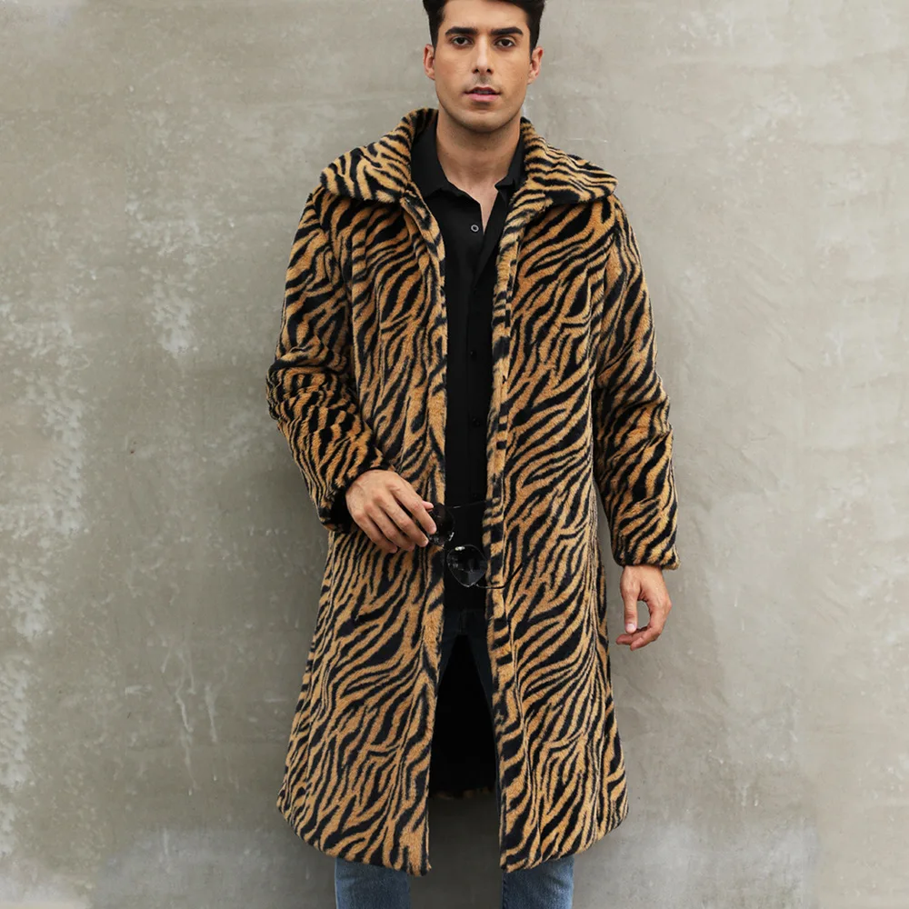 2026 New Autumn Winter Men Square Collar Faux Fur Long Coat Zebra Stripe Leopard Print Warm Overcoat