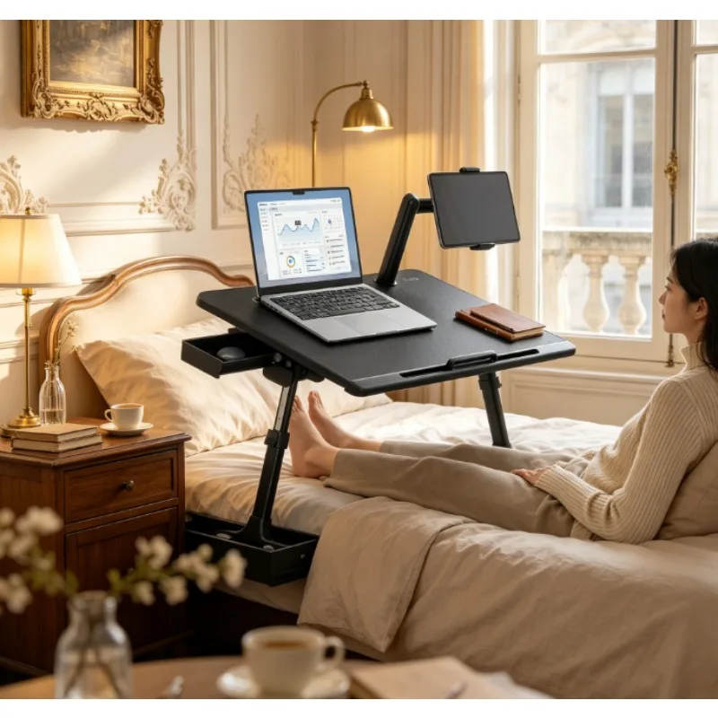 Adjustable Folding Bed Desk with Stand, Height Liftable Laptop Table for Tablet & Notebook, Portable for Office Work in Bed