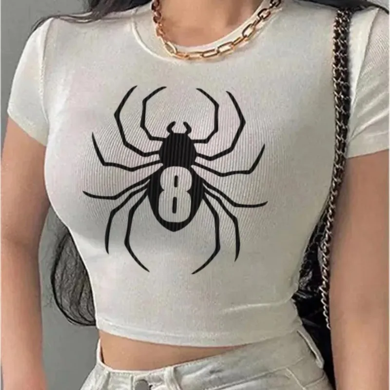 2024 O Neck Knit Graphics Print White Crop Top Women Summer Casual T Shirt Basic Sexy Streetwear Ribber Y2k Short Sleeve Tops