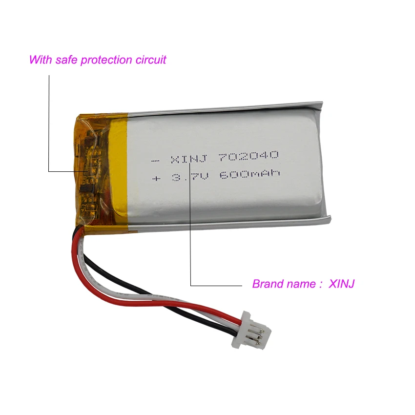 2pcs 3.7V 600mAh 2.22Wh Li-Polymer Li Lipo Battery 702040 Thermistor JST 3Pin 1.0mm For Record Pen GPS Bluetooth Speaker DashCam