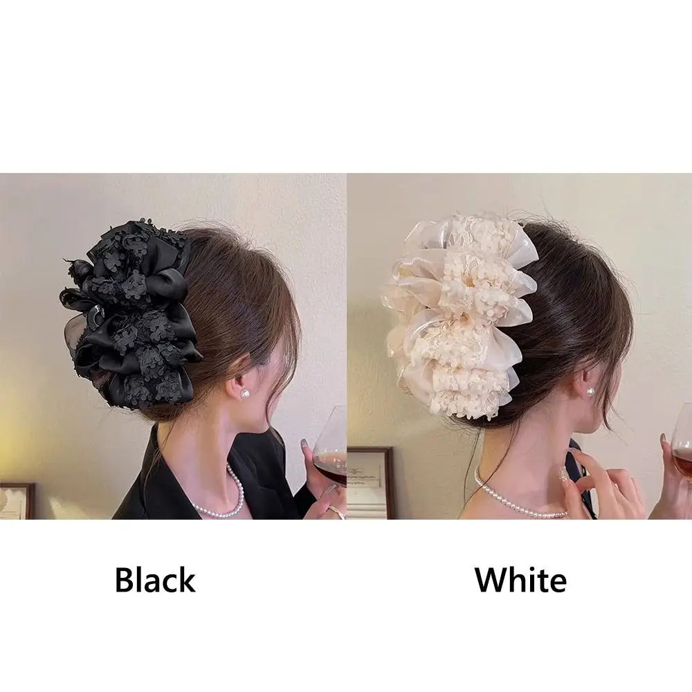 Novo 3d flor bowknot grampo de cabelo branco preto dupla face tubarão clipe elegante doce garra hairpin para meninas