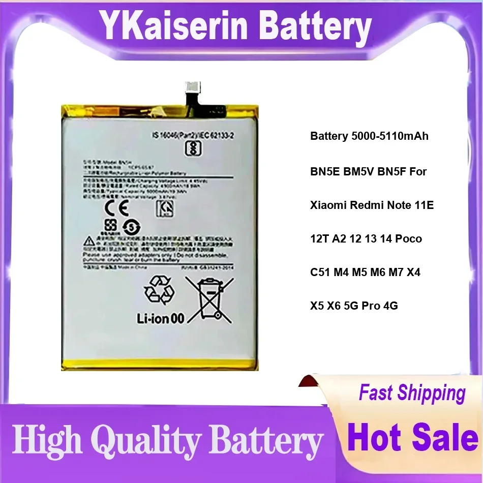 Battery 5000-5110mAh BN5E BM5V BN5F For Xiaomi Redmi Note 11E 12T A2 12 13 14 Poco C51 M4 M5 M6 M7 X4 X5 X6 5G Pro 4G