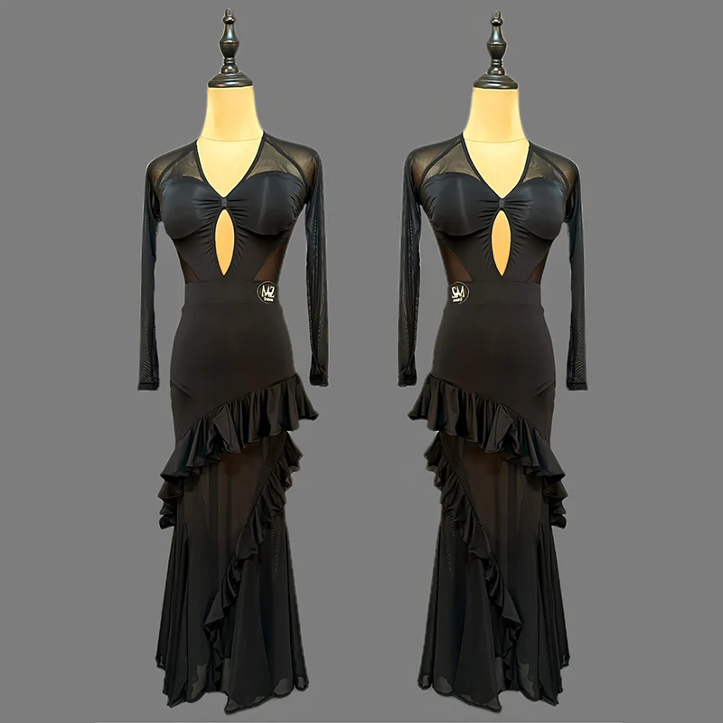 เซ็กซี่ห้องบอลรูมเต้นรําชุดแขนยาวสีดําชุดBacklessมาตรฐานWaltzชุดหญิงห้องบอลรูมDancewear VBH1789