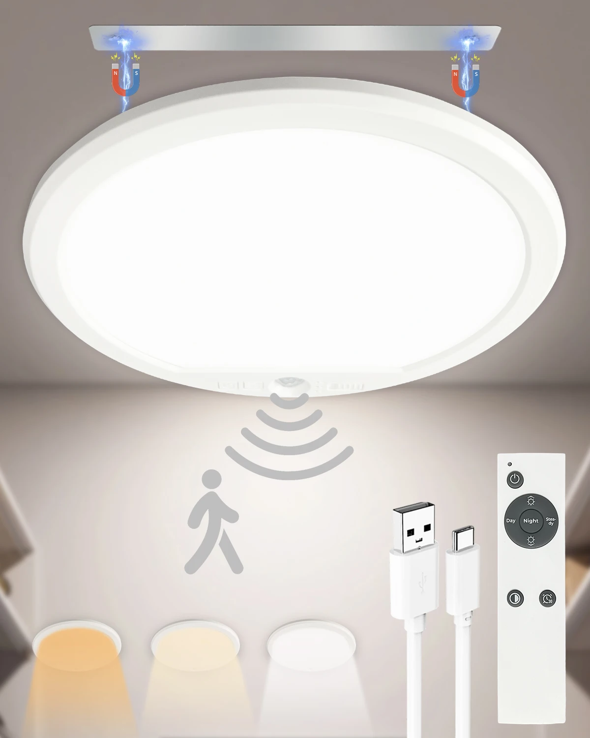 

LED Flush Mount Ultrathin Motion Sensor Ceiling Lamp USB Rechargeable 3Colors Dimmable Remote Control Bedroom Ceiling Light