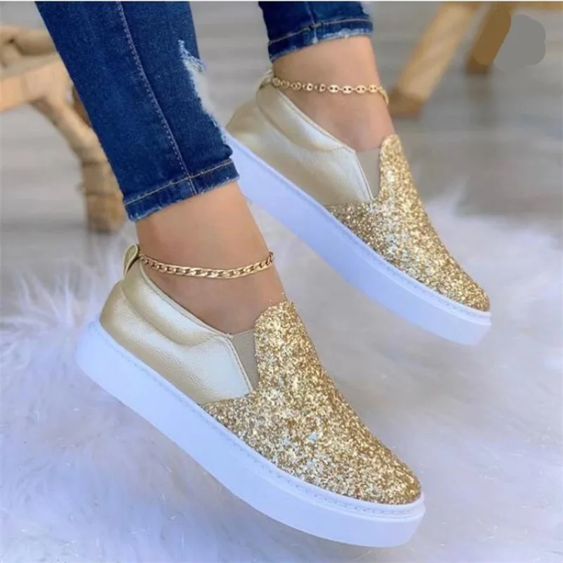 

Summer Platform Loafers Women's New Round Toe Sports Breathable Trend Sequin Fashion Casual Single Shoe Large Size Zapatos