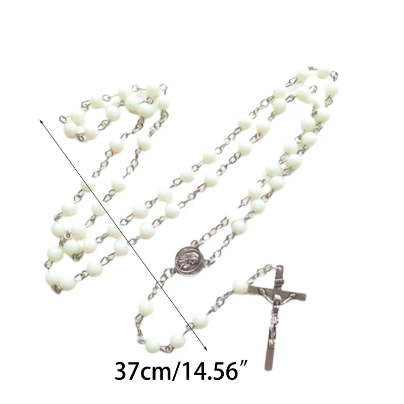 Glow in the Dark Cross Rosary Necklaces Hangable Pendant Crafts Bead Chain for Christmas Party Church Decorations