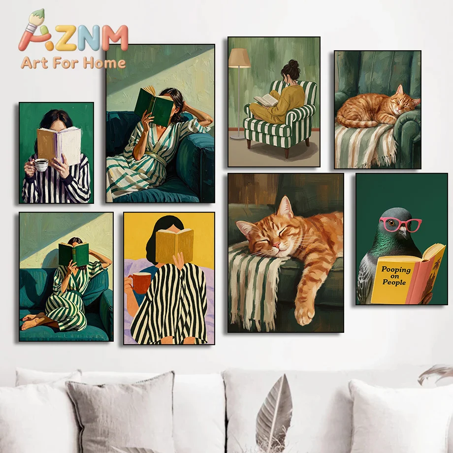 Vintage Emerald Green Woman Reads Book & Drinks Coffee Canvas Prints Sleeping Cat Reading Woman Poster Cozy Striped Decor Poster