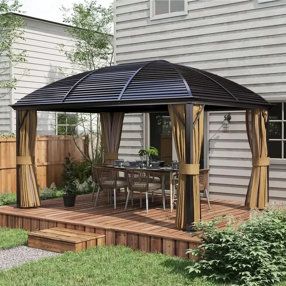 10' x 14' Hardtop Gazebo with Galvanized Steel Roo, Outdoor Pavilion Gazebo with Top Hook, Netting, and Curtains or Patio, Garde
