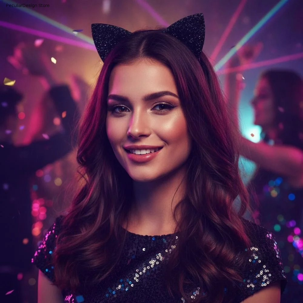Shinny Halloween Cat Ear Headband Fabric Wrapped with Non-slip Buckle Cosplay Cat Ear Headpiece Universal Cat Ear Hair Hoop