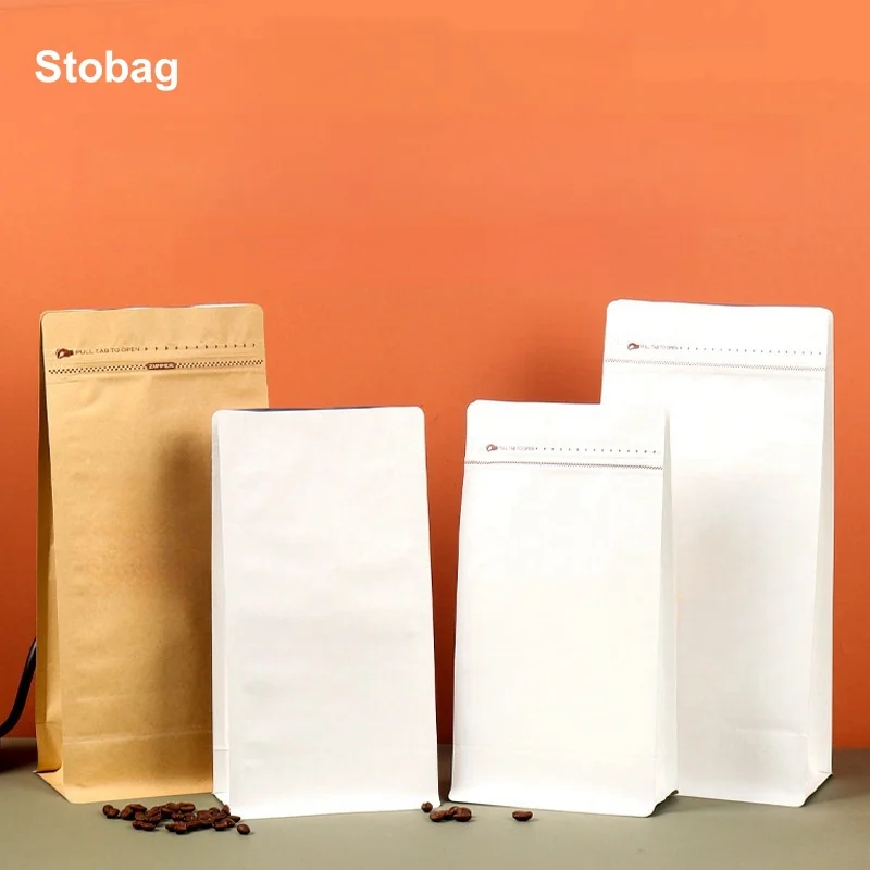 StoBag 50pcs Kraft Paper Coffee Beans Bag Packaging with Air Valve Sealed for Food Powder Tea Nuts Storage Airtight Pouches