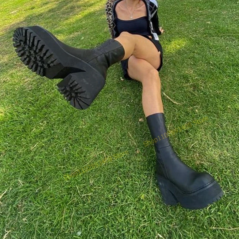 

Black Color Platform Mid Calf Boots Thick Soled Side Zipper Solid Chunky Heel Women Shoes 2023 Fashion Sexy Zapatos Para Mujere