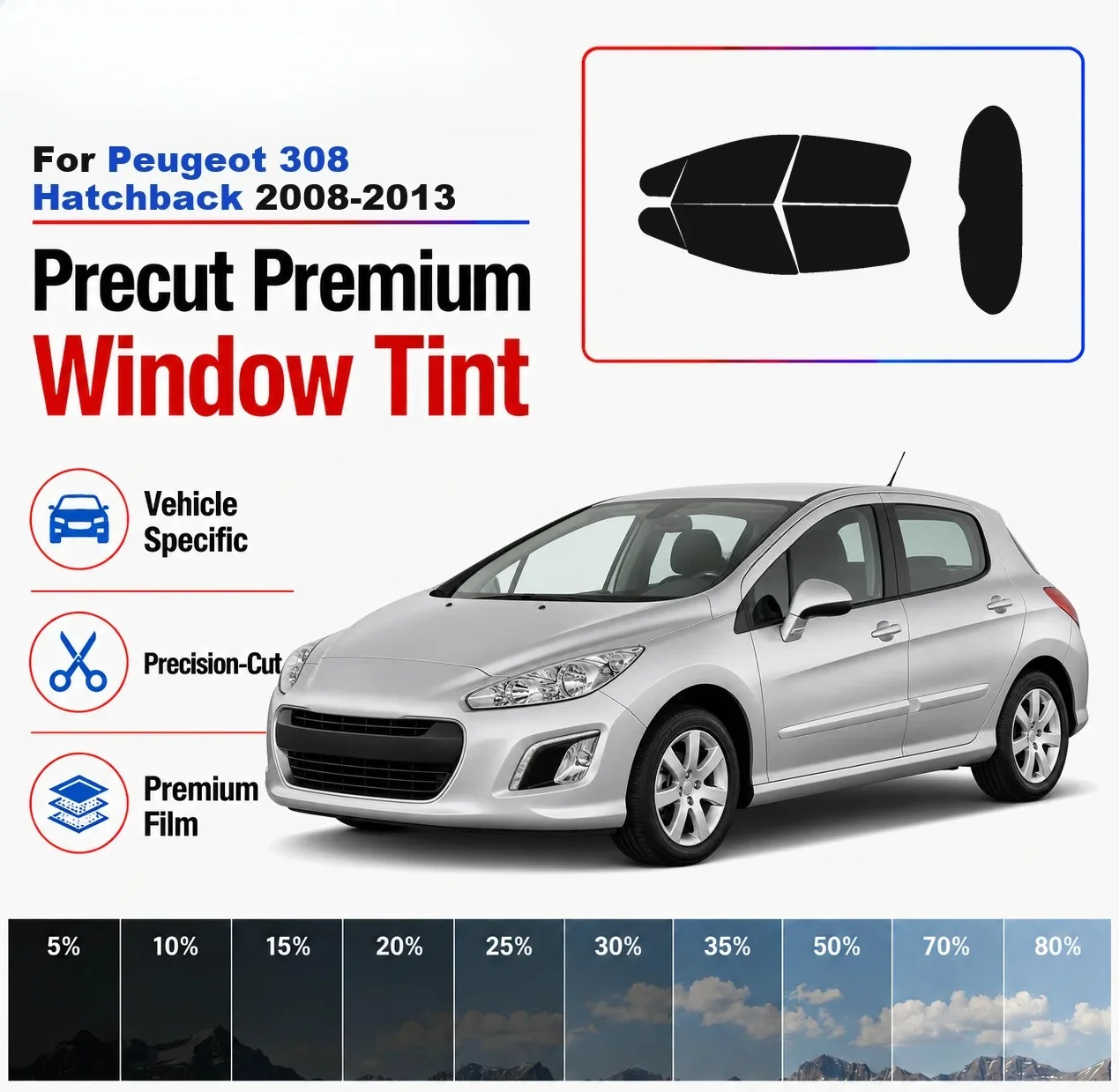 Premium Precut Window Tint Kit Front Rear Windows Rear Windshield For Peugeot 308 Hatch 2008-2013 Complete Set Nano Ceramic Film