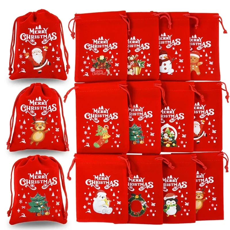 5Pcs/Lot Xmas Patterns Velvet Bags 9x12 15x20cm Small Christmas Candy Gift Bag Drawstring Pouch Boutique Jewelry Packaging Bags