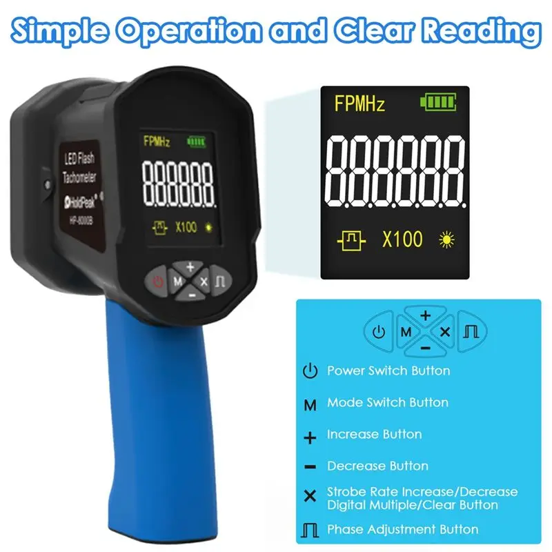 A64P-Digital Handheld Stroboscope 60-99999 FPM Non Contact Strobe Tachomete High Accuracy 0.001% LED Flash Tachometer