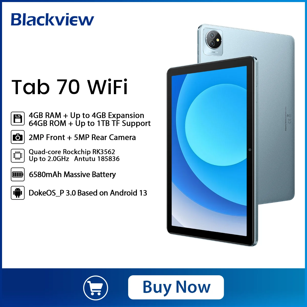 Blackview-Tablette PC Tab 70 avec Wi-Fi, Android 13, écran HD 10.1 pouces, 8 Go, 64 Go, batterie