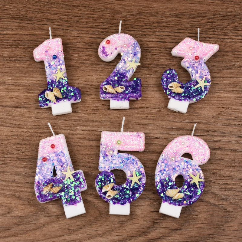 Mermaid Cake Candle Pink Purple 0-9Numbers Cake Topper Girl Little Mermaid Birthday Party Cake Decoration Supplies Under the sea