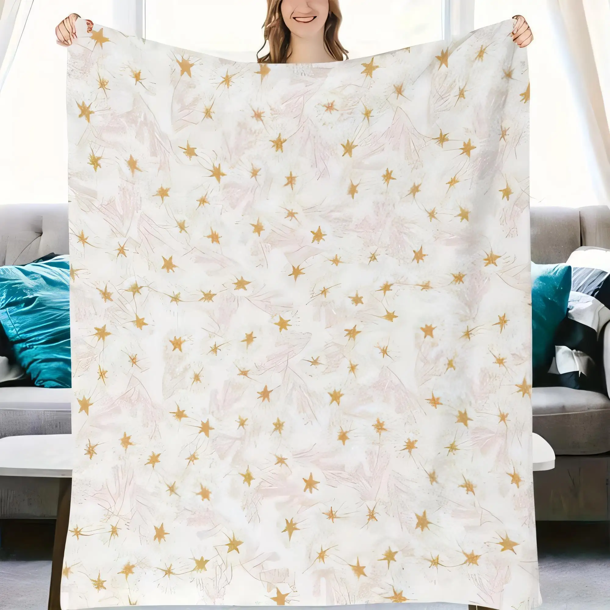 Lujosa manta blanca con patrones de estrellas doradas y diseños florales rosas, acogedora manta suave para sala de estar #1