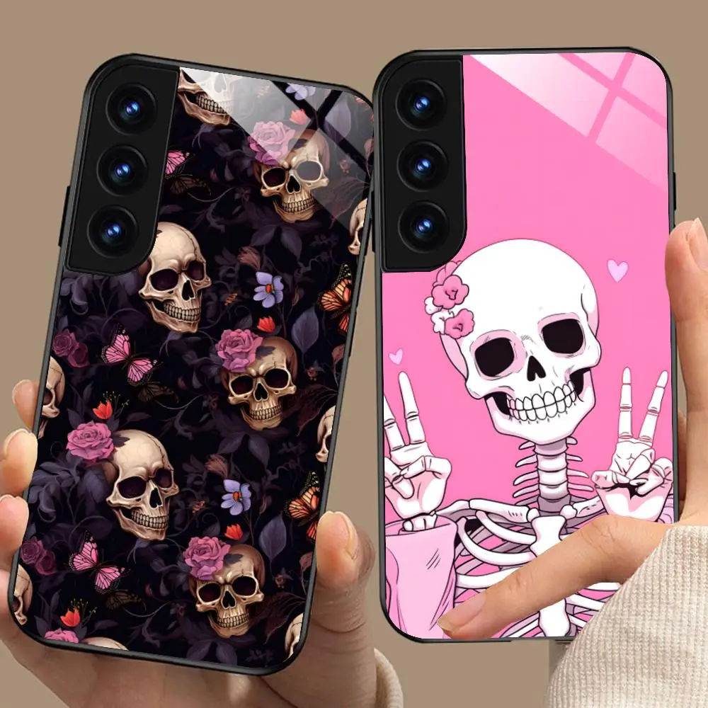 Skull Flowers Painting Glass Mobile Phone Case for Samsung Galaxy S26 S25 S24 S23 S22 S21 S20 Note20 Plus FE Ultra Colorful