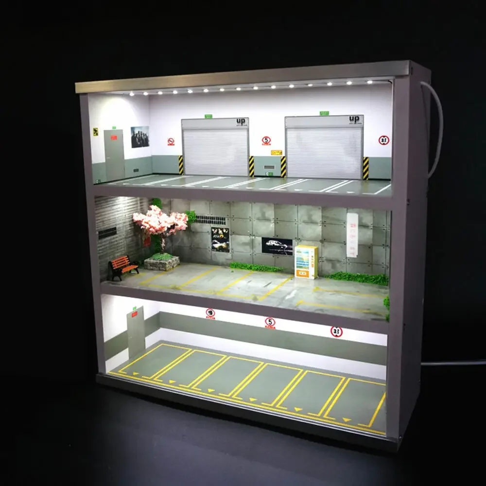 Diorama 1/64 Scale Car Garage Model Display Cabinet Parking Lot Lighting Scenery Model Gift