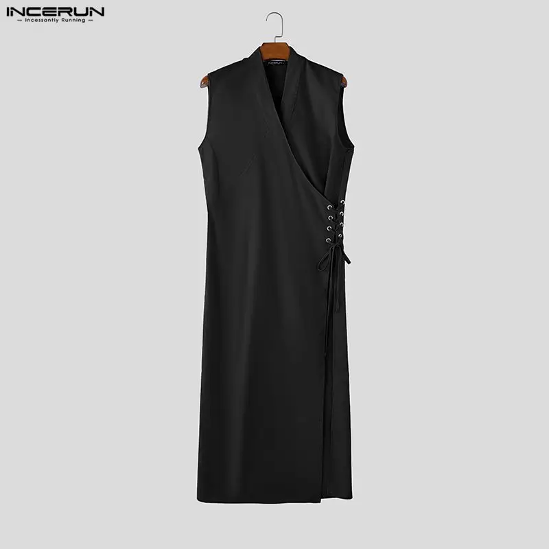 INCERUN Men's Long Style Tank Tops Solid V Neck Sleeveless Male Vests Streetwear Lace Up Summer Fashion Casual Tops Men Clothes