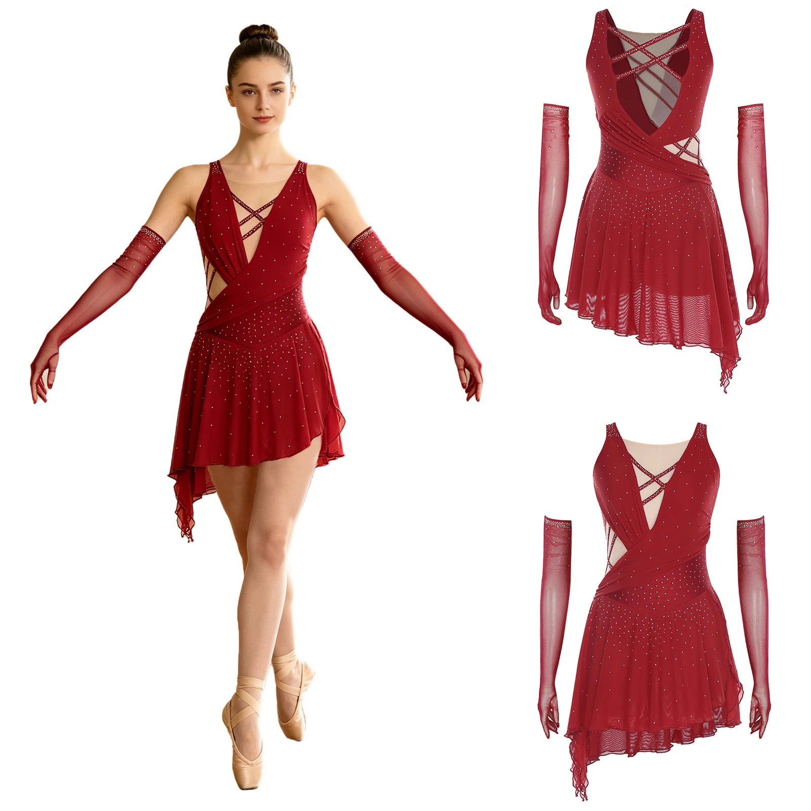 

Women Figure Skating Ballet Lyrical Dance Leotard Dress with Mesh Gloves Strappy Backless Rhinestones Tutu Dress Gymnastic Set