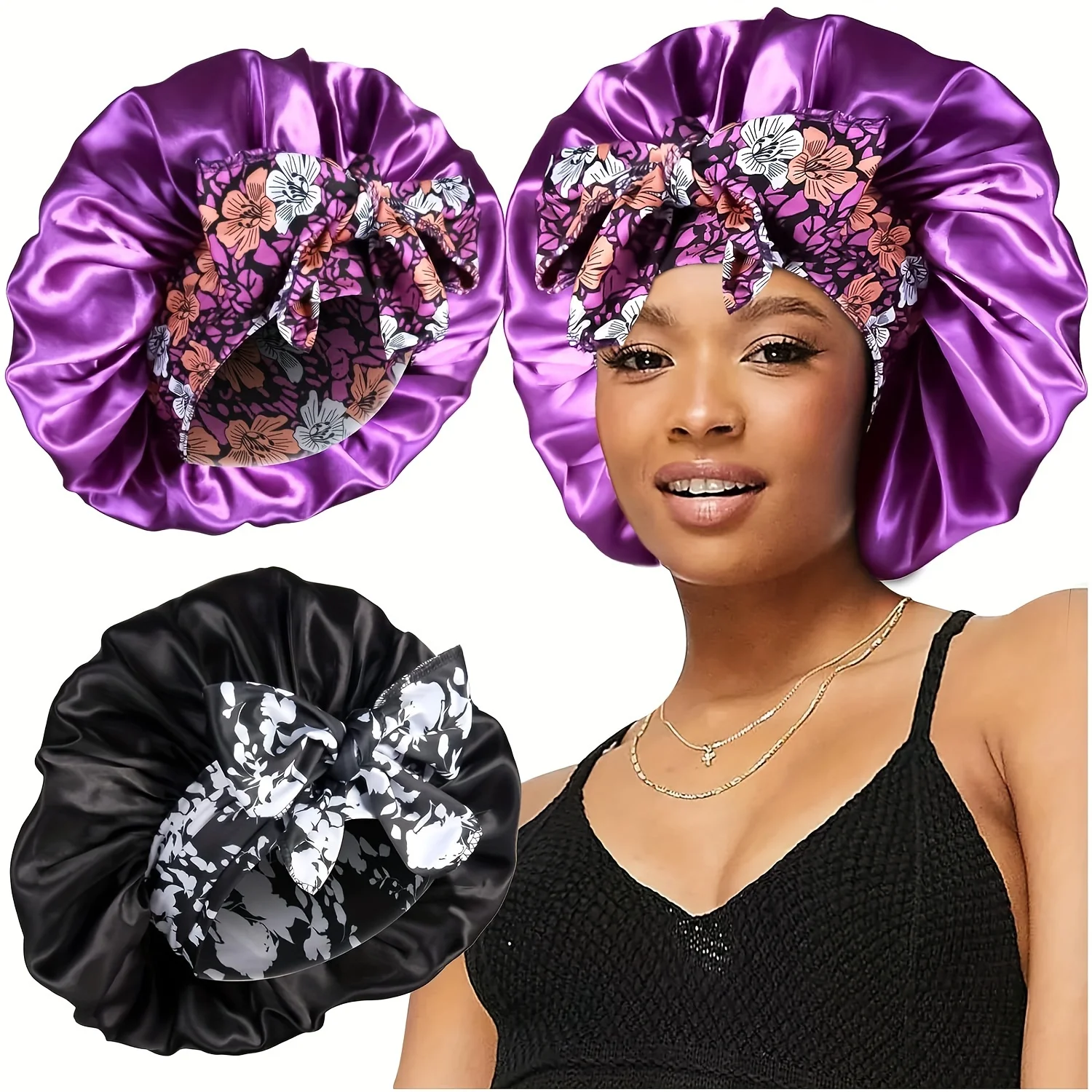 2pcs/set Elegant Satin Bonnet Flower Print Band Bowknot Sleeping Night Cap Elastic Bath Shower Cap Soft Hair Bonnets For Women G