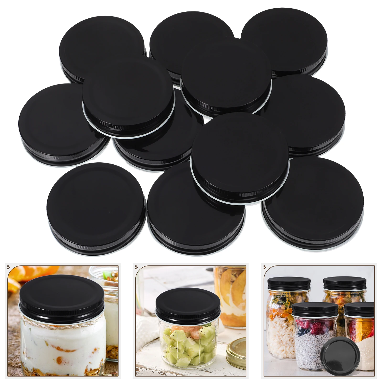 

12pcs Tinplate Jar Lids Tinplate Caps 70mm Black Sealing Caps Wide Mouth Solid Protective Cover Storage Kitchen Bar