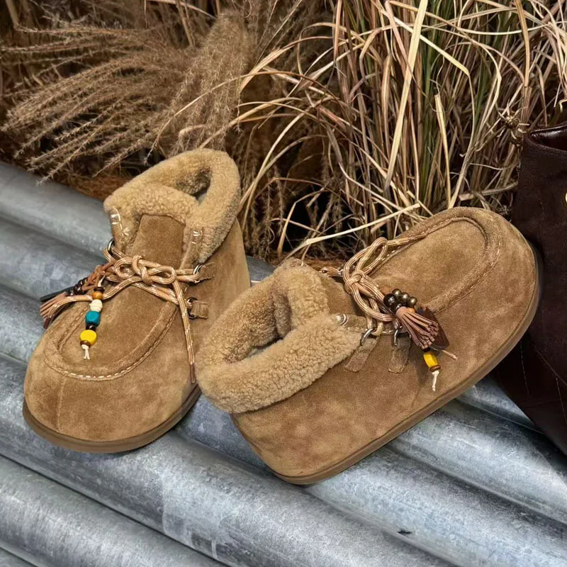 

High quality snow boots fashionable women's cowhide solid color thick soled fur height increasing warm shoes