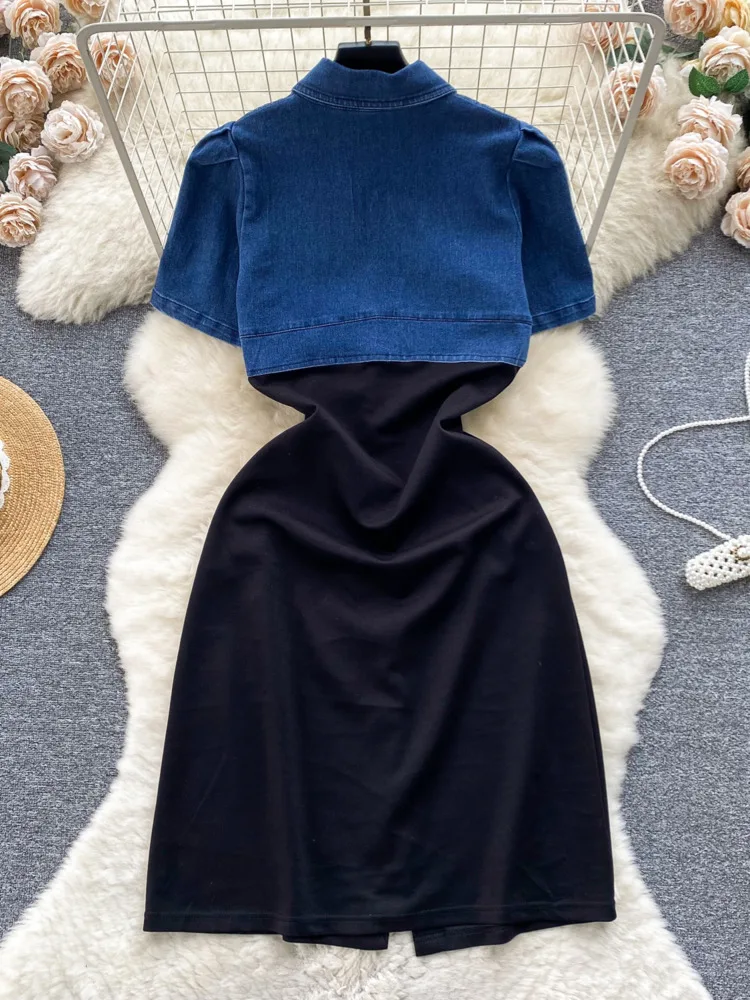 Women Vintage Style Patchwork Denim Dress Summer Elegant Turn Down Collar Short Sleeve Single Breasted Midi Sheath Dresses