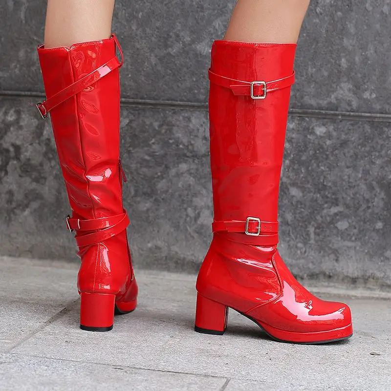 

ORCHA LISA Блестящие женские сапоги до колена с квадратным носком 5 см, блочный каблук 1,5 см, платформа, молния, пряжка ремня, большой размер 48-50, ежедневно