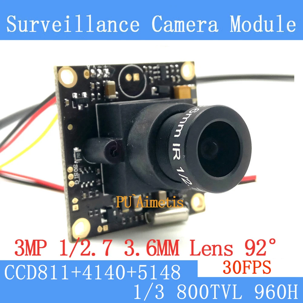 32mm*32mm Surveillance Camera 800TVL 1/3 Effio CCD 811+4140+5148 CCTV camera module,3MP+3.6mm lens 92 degrees+BNC/OSD Cable