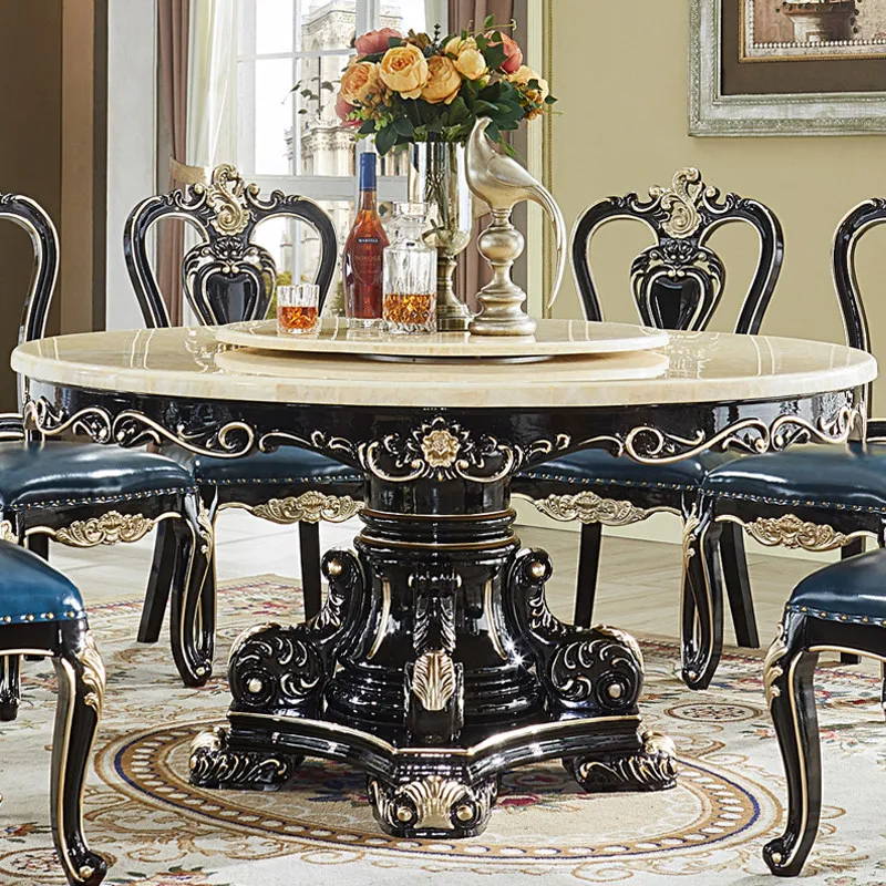 All solid wood ebony dining table Family hotel large round table with turntable