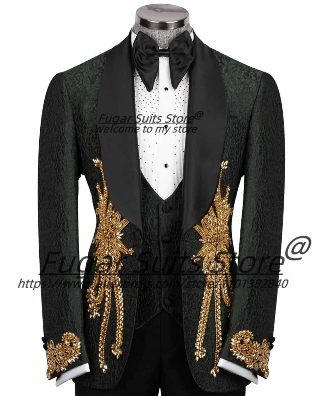 

Elegant Green Jacquard Men Suits Luxuly Golden Diamond Groom Wedding Tuxedos 3Pieces Sets Male Formal Blazers Prom Costume Homme