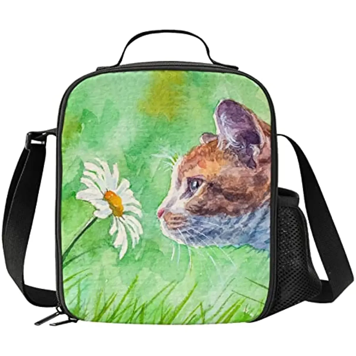 Cat Spring Flowers Kids Insulated Lunch Bag Small Cute Thermal Tote Bag with Water Bottle Holder Shoulder Strap for Teens