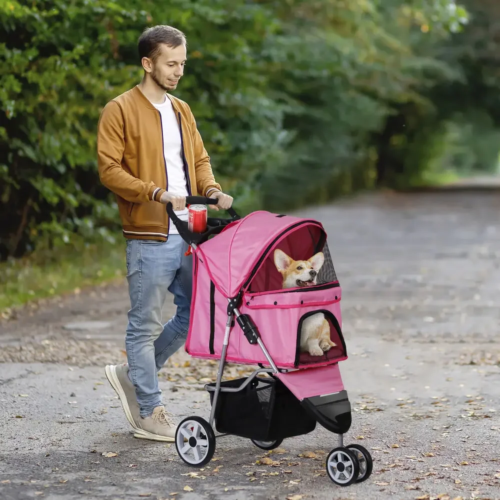 Haustier-Kinderwagen, faltbar, 3 Räder, Hunde-Kinderwagen, Trägerwagen mit Getränkehalter, Rosa