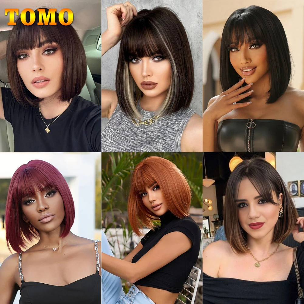 TOMO Short Bob Wig With Bangs 12 inch Straight Bob Synthetic Wigs Heat Resistant Fiber Colorful Wigs For Cosplay Party Daily Use