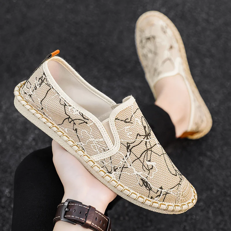 2023 New Classic White Men\'s Fisherman Loafers Fashion Print Canvas Shoes Man Flats Espadrilles Breathable Male Summer Footwear