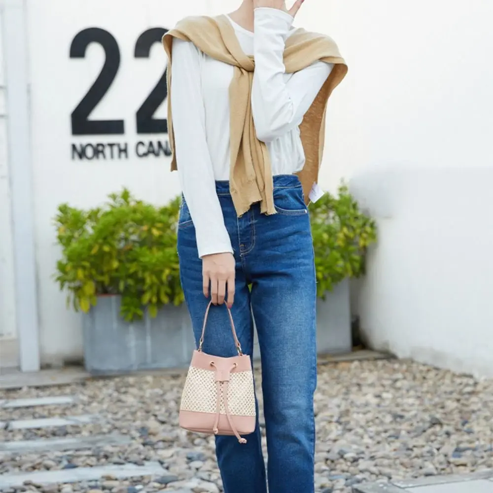 

Модная плетеная сумка-ведро через плечо с карманами, на шнурке, большая вместительная сумка для города и пляжа, женская